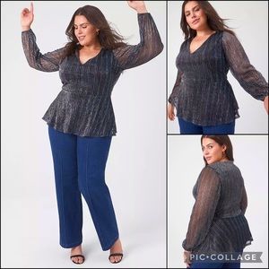 Lane Bryant Metallic Glitter Stripe Peplum Fit Flare V-Neck Blouse Top